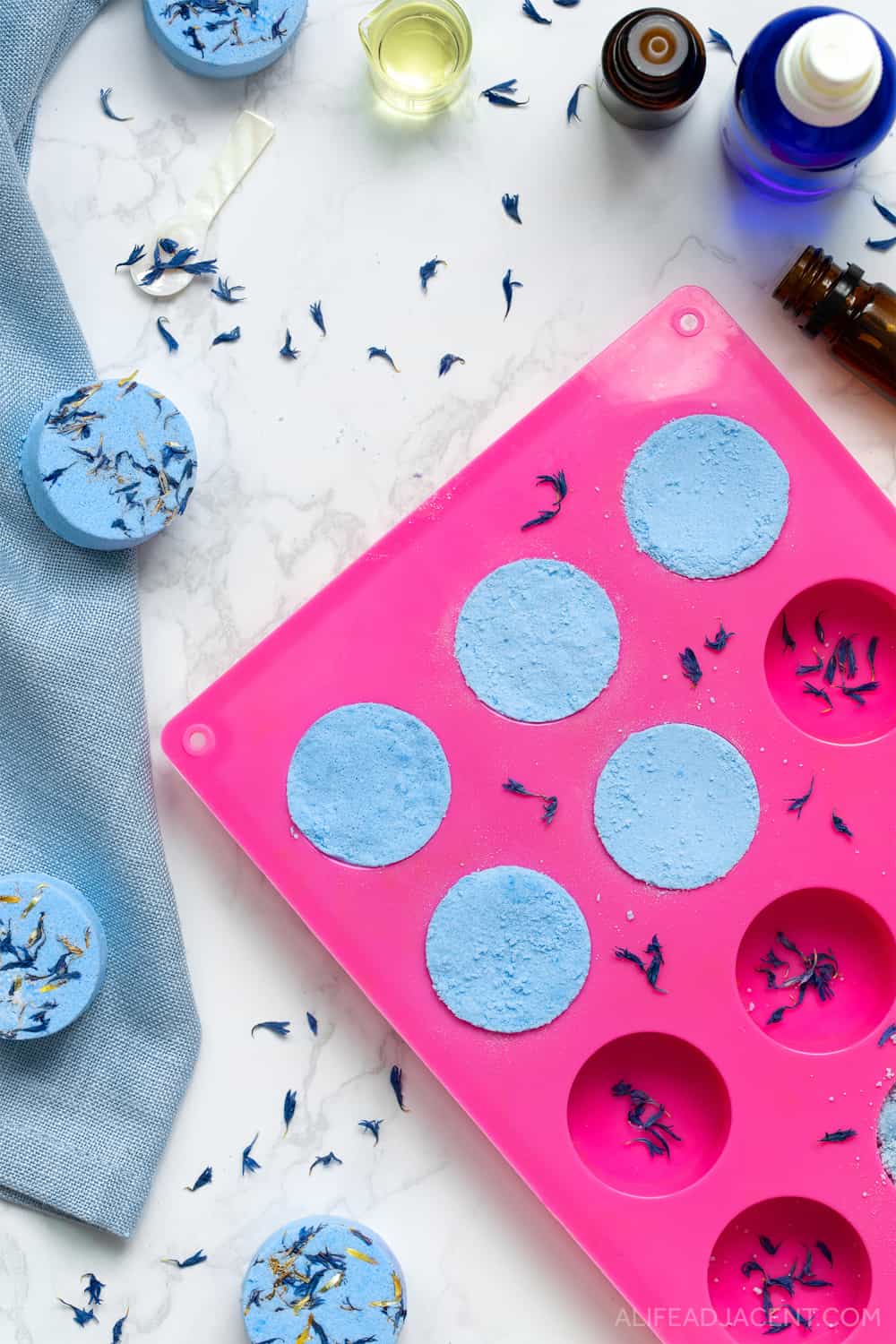 Homemade allergy relief shower melts drying in silicone mold.