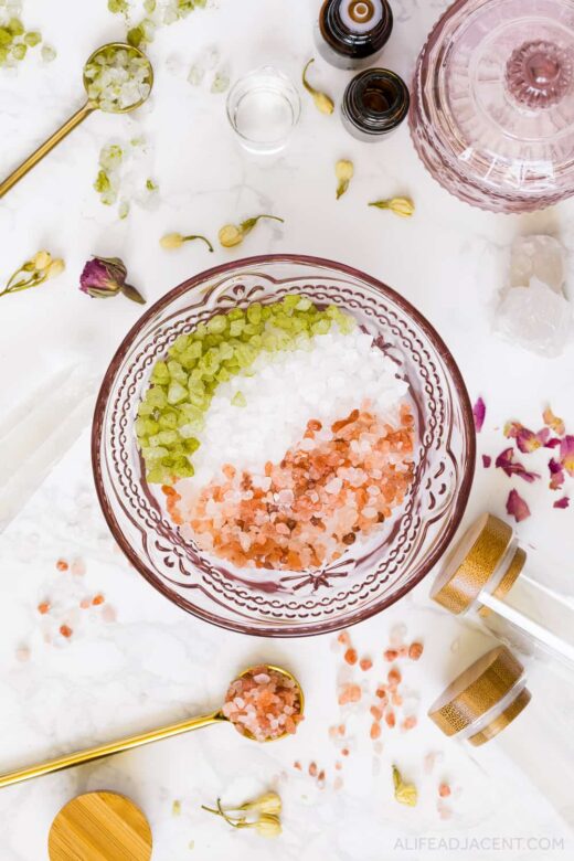 How to make a green tea bath – layering DIY bath soak ingredients in bowl