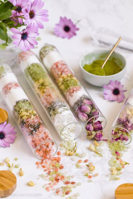 Green tea bath soak with flowers and pink salt