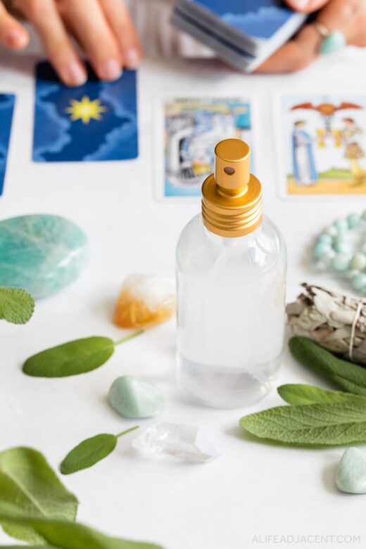 Cleansing spray – with Tarot cards, sage, and crystals