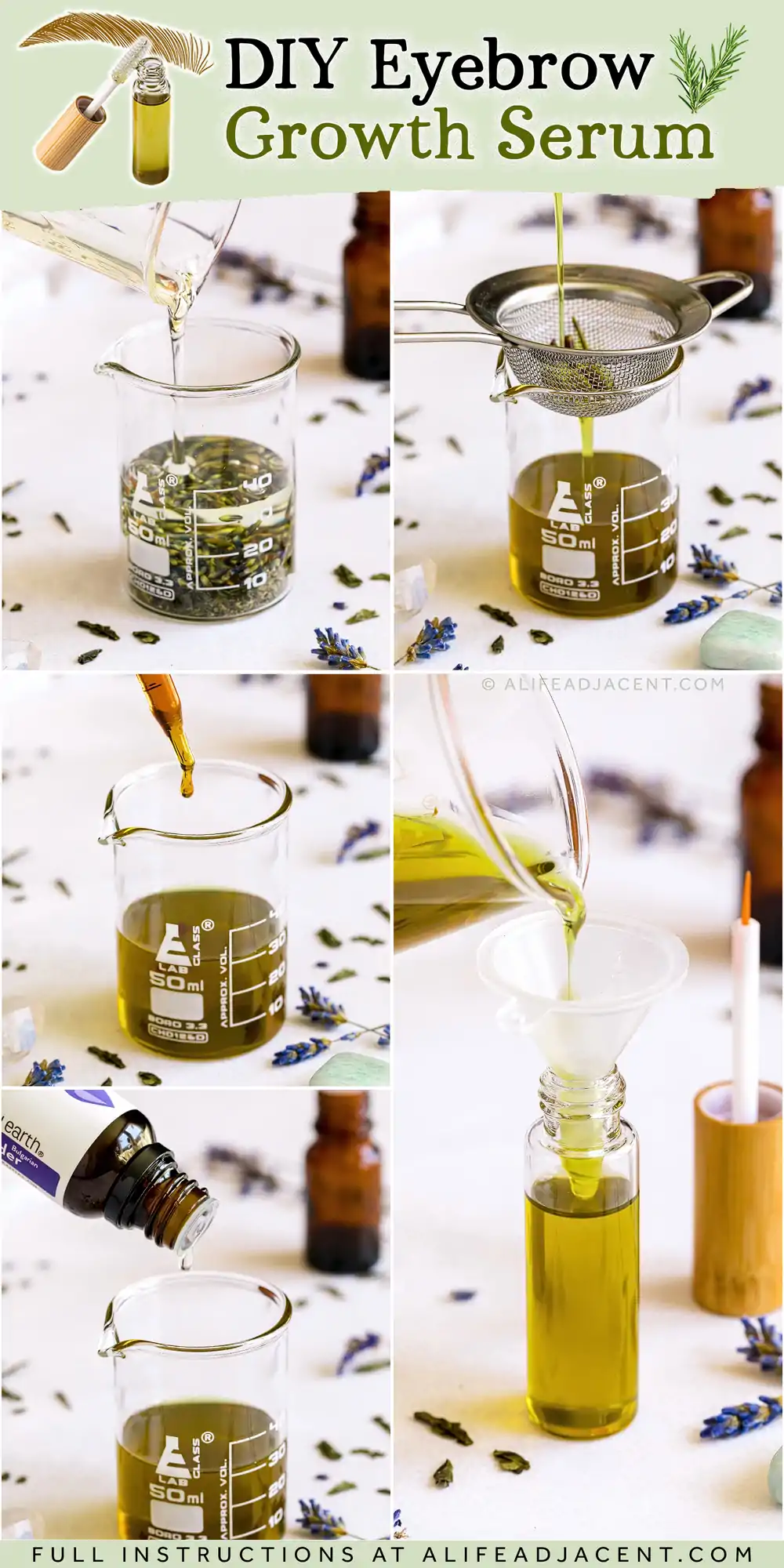 DIY Eyebrow Growth Serum Recipe &ndash; Infographic with how to make steps.