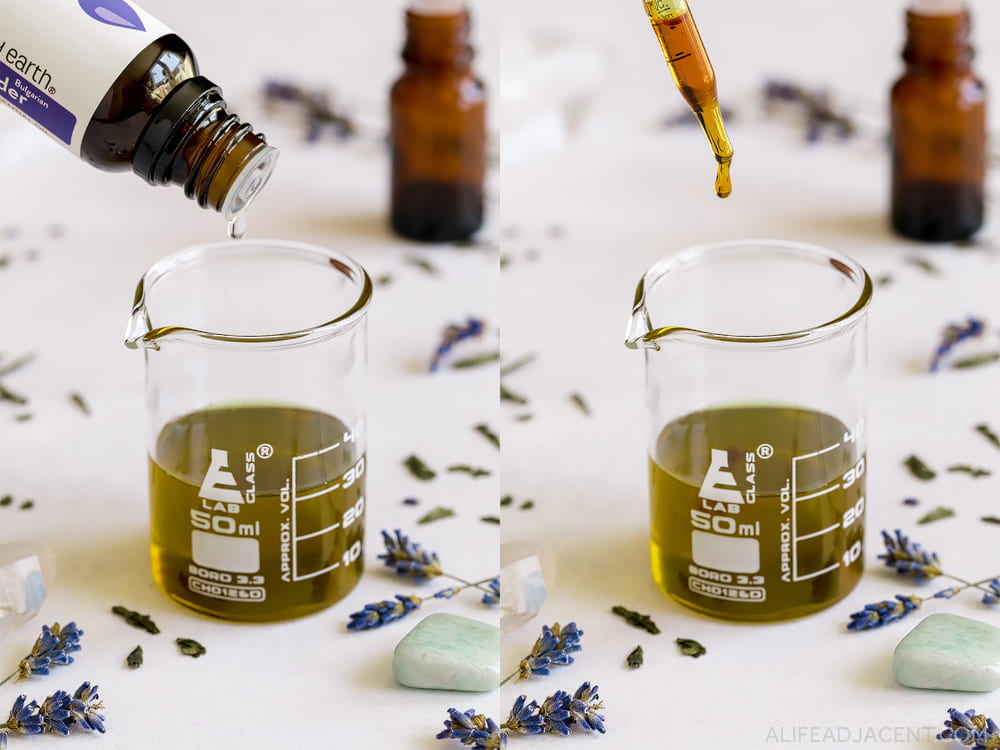 Making lash serum recipe – adding vitamin E and lavender essential oil for eyelash growth.