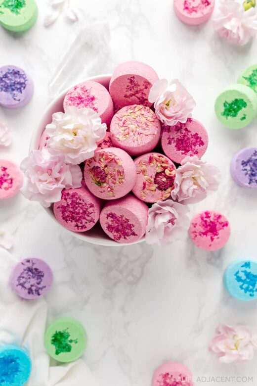 Shower tablets with pink flowers.