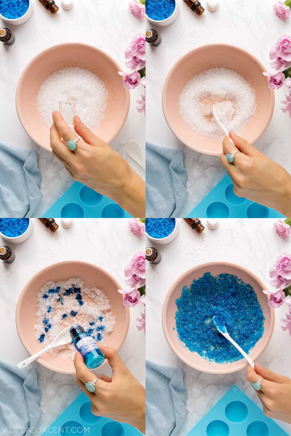 Collage of how to make colored epsom salt glitter.