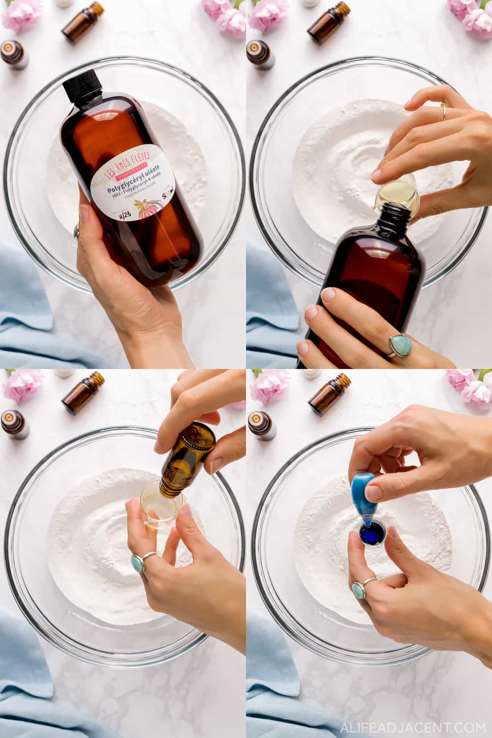 Liquid shower steamer ingredients: essential oils, natural emulsifier, castor oil, and colorant.