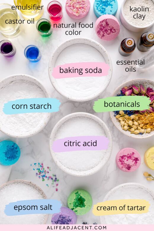 Shower steamer recipe ingredients: baking soda, citric acid, corn starch, Epsom salts, emulsifier, and essential oils.