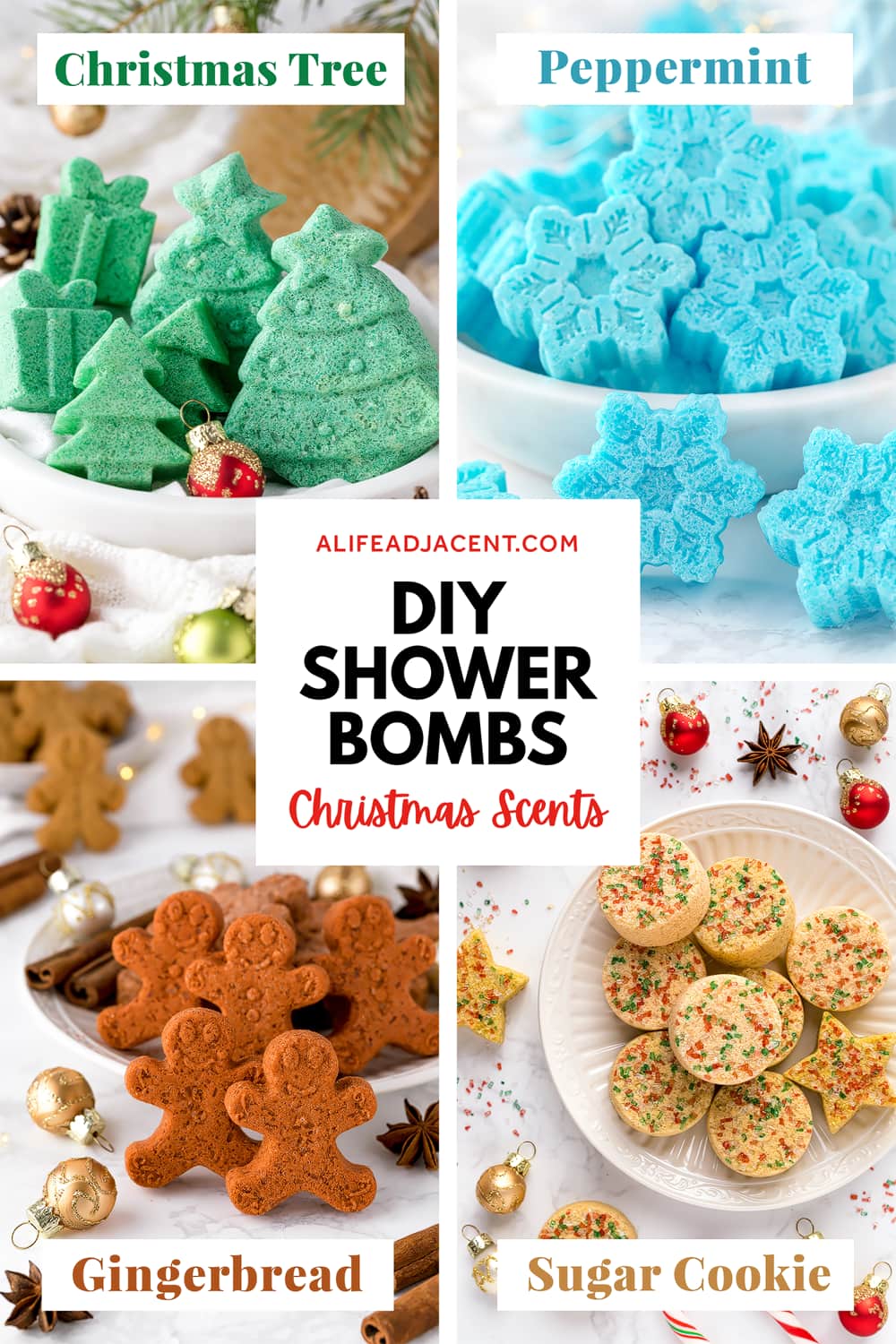 DIY shower bombs – Christmas tree, peppermint, gingerbread and sugar cookie