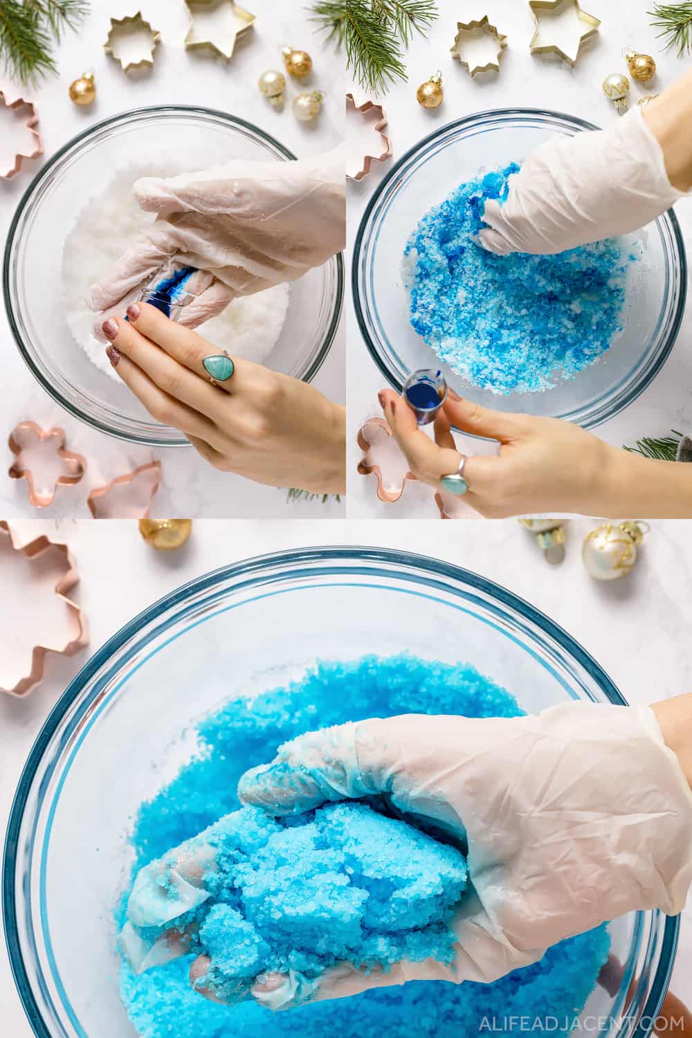 How to make shower bombs recipe – adding colorant to mixture.