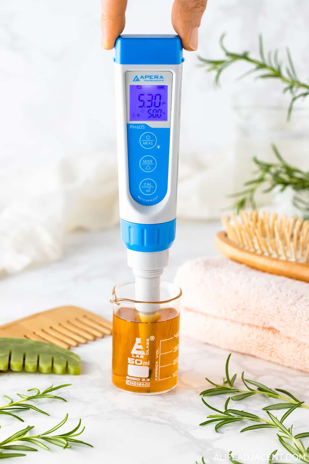 Measuring pH level of rosemary tea with Apera 60PHS pH meter.