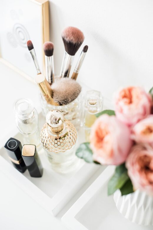 Natural makeup products on makeup table