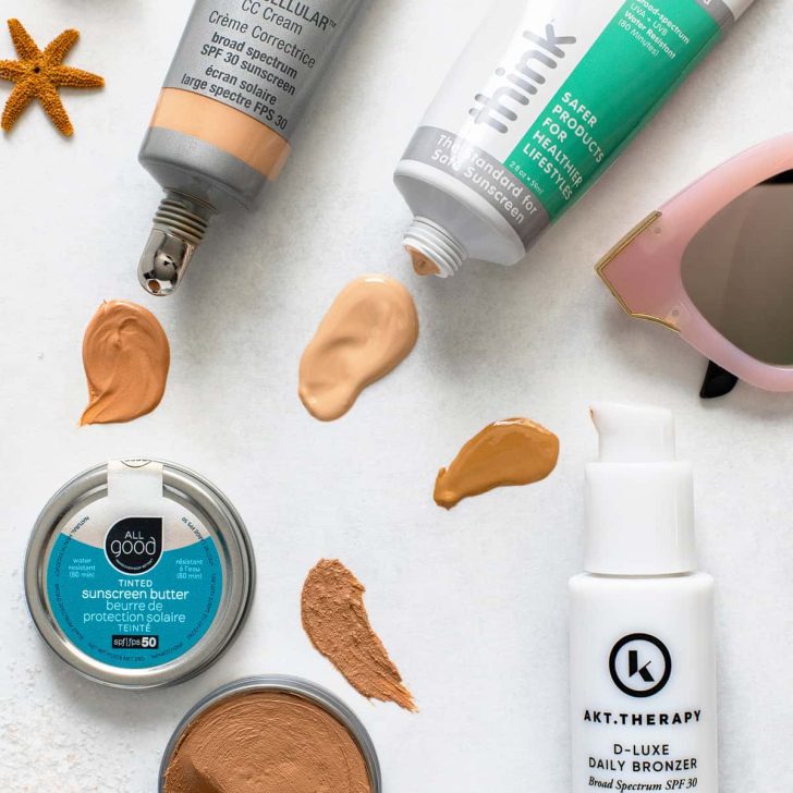 Non-toxic tinted sunscreen swatches from Juice Beauty, Think, All Good, and AKT Therapy