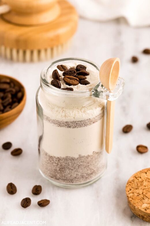 Coffee milk bath recipe with instant coffee, milk powder, and coffee essential oil