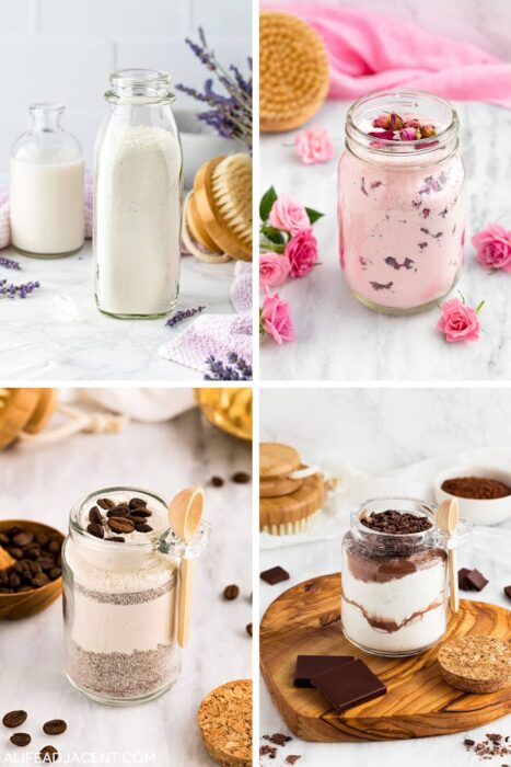 Milk bath recipe in 4 varieties: lavender, rose, coffee, and chocolate