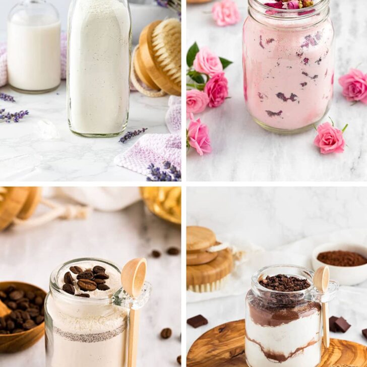 Milk bath recipe in 4 varieties: lavender, rose, coffee, and chocolate