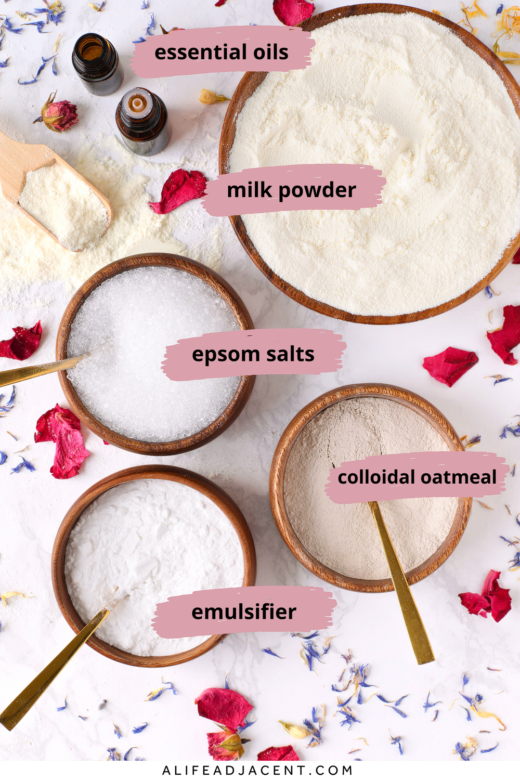 Milk bath recipe ingredients: full-fat milk powder, Epsom salts, colloidal oatmeal, emulsifier, and essential oils.