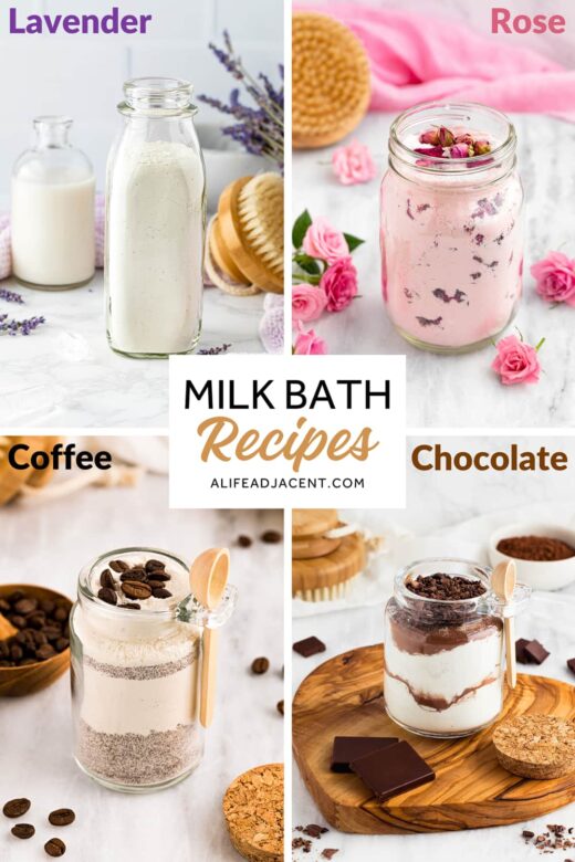 Milk Bath Recipes. DIY milk bath soaks with rose, lavender, coffee and chocolate.