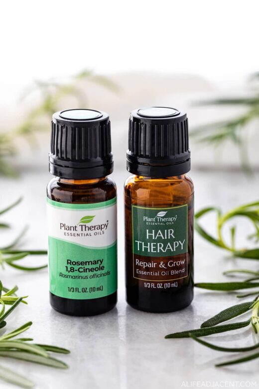 Essential oils for hair growth recipe: rosemary oil and Hair Therapy blend.