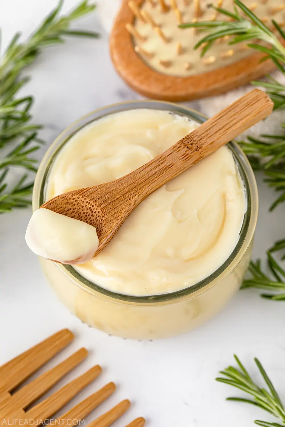 DIY hair mask for hair growth with wooden spoon