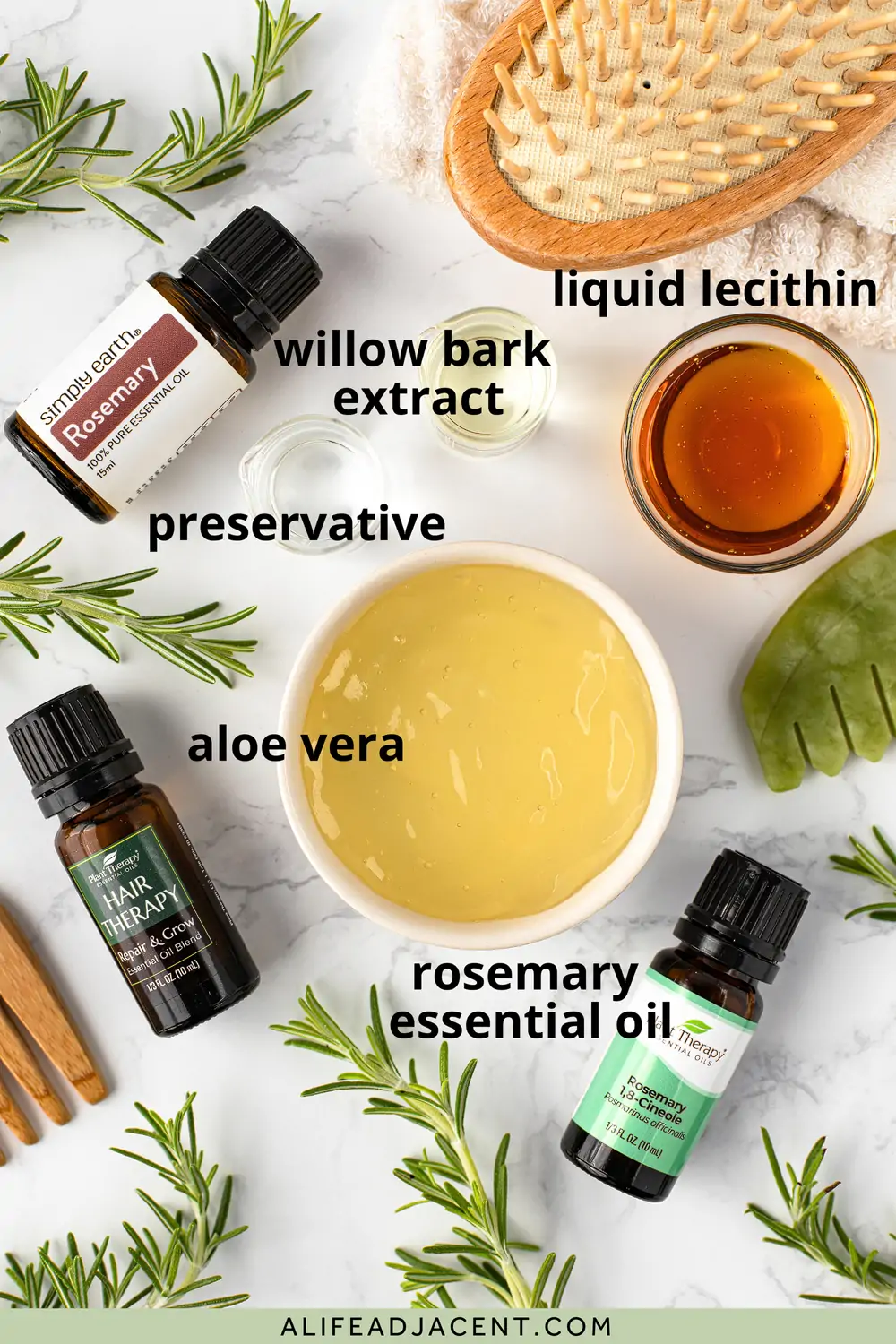 Hair growth mask recipe ingredients: rosemary essential oil, aloe vera, willow bark extract, and sunflower lecithin.
