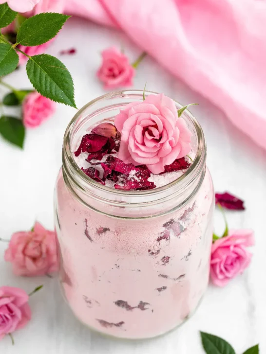 Homemade rose milk bath in mason jar
