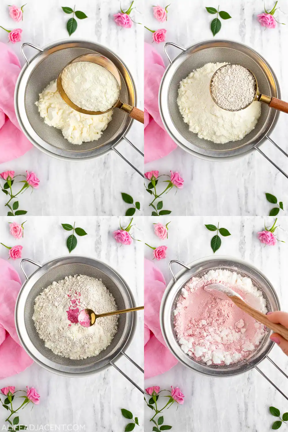 Sifting rose milk bath recipe ingredients into mixing bowl.
