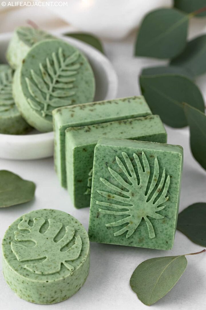 Homemade eucalyptus soap bars scented with eucalyptus essential oil.