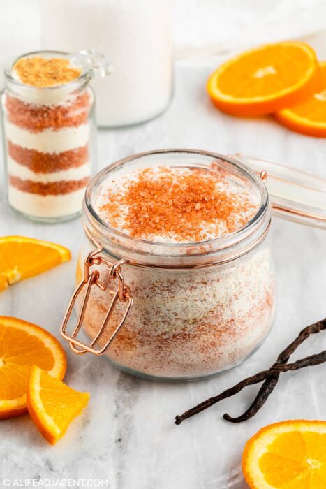 Orange creamsicle milk bath recipe in clamp lid jar