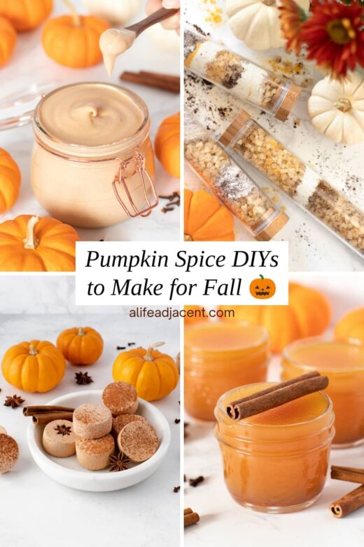 Pumpkin spice essential oil DIY recipes collage, including body butter, bath products and air fresheners, with text reading &ldquo;Pumpkin Spice DIYs to Make for Fall.&rdquo;