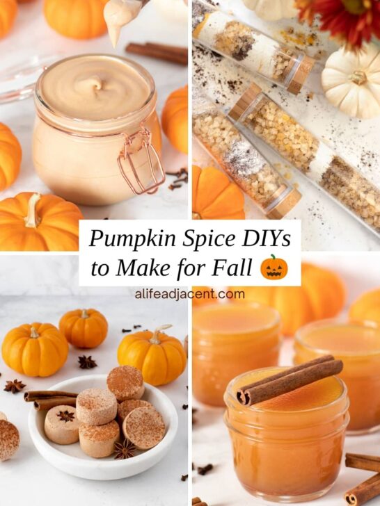 Pumpkin spice essential oil DIY recipes collage, including body butter, bath products and air fresheners, with text reading &ldquo;Pumpkin Spice DIYs to Make for Fall.&rdquo;