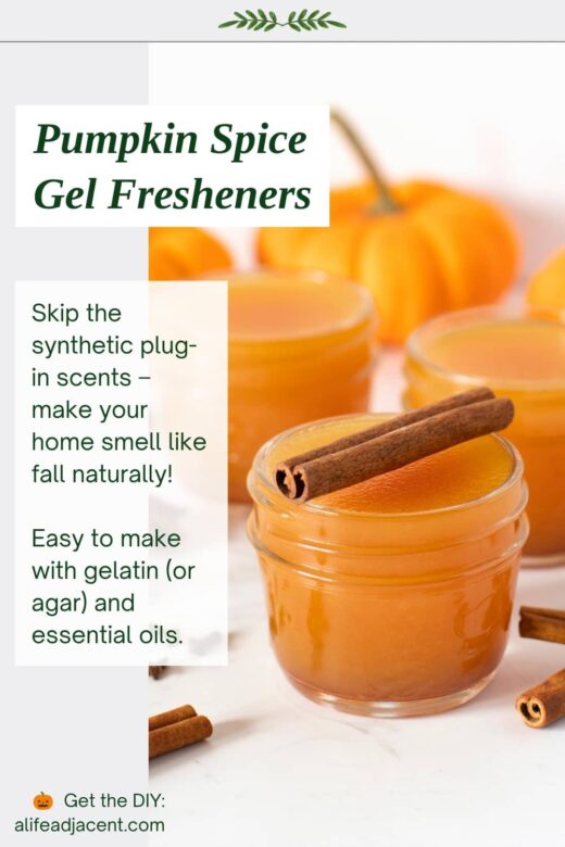 Three jars of orange gel air fresheners scented with pumpkin spice essential oil. Text reads &ldquo;Pumpkin Spice Gel Fresheners&rdquo; and describes a naturally scented alternative to synthetic plug-in scents made with gelatin or agar and essential oils.