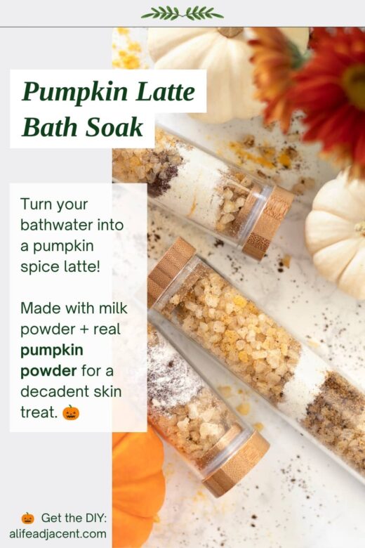 Pumpkin latte bath soak in clear tubes surrounded by pumpkins, pumpkin powder and spices. Text reads &ldquo;Pumpkin Latte Bath Soak&rdquo; and describes a decadent skin treatment made with milk powder and real pumpkin powder.