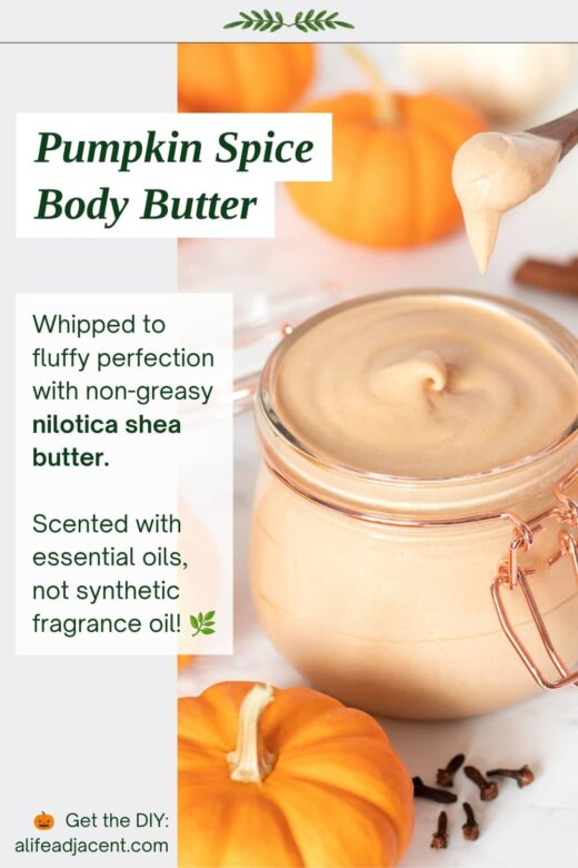 Jar of creamy pumpkin spice body butter with pumpkins and cinnamon in the background. Text reads &ldquo;Pumpkin Spice Body Butter&rdquo; and describes whipped, non-greasy body butter made with nilotica shea butter and scented with essential oils.