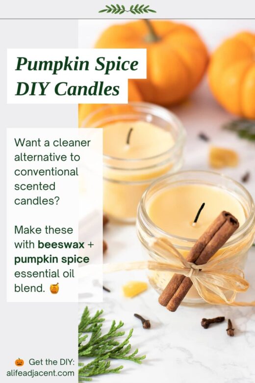 Two homemade beeswax candles in glass jars surrounded by pumpkins, cinnamon and cloves. Text reads &ldquo;Pumpkin Spice DIY Candles&rdquo; and describes them as a cleaner alternative to conventional scented candles made with beeswax and pumpkin spice essential oil.