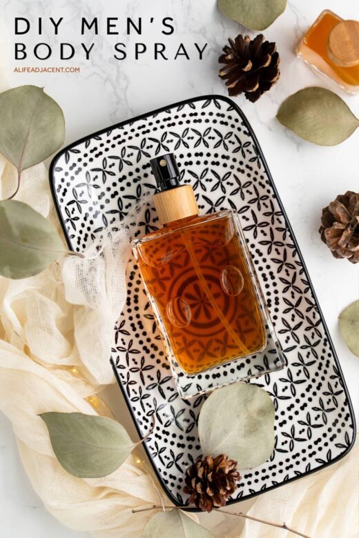DIY Men&rsquo;s Cologne-Inspired Body Spray graphic featuring a homemade cologne bottle on a decorative tray and a Fresh Mountain Air masculine fragrance.